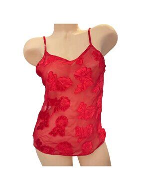 Vintage Elena Intimates Sheer Red Floral Embroidered Camisole Size Small